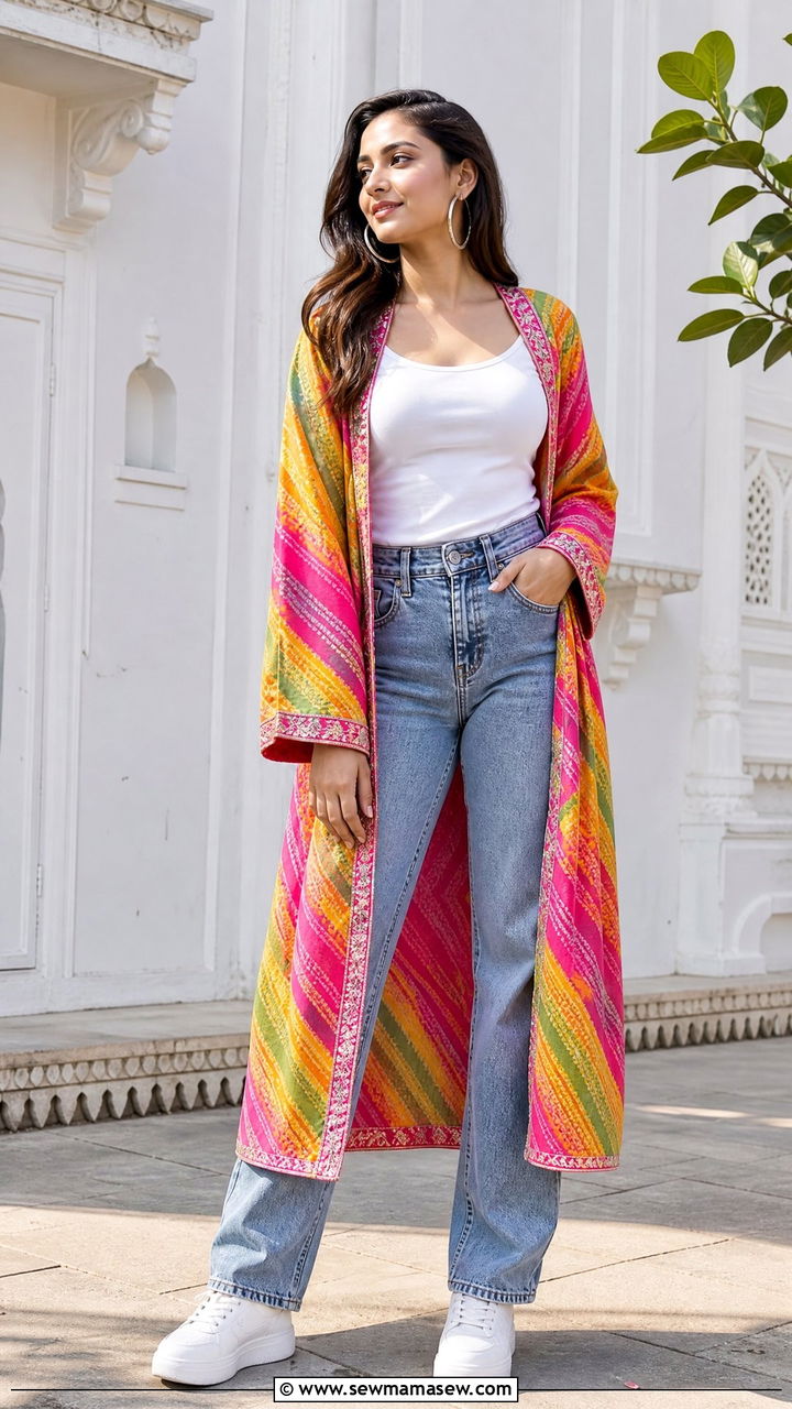 Long Colorful Shrug with Tank Top and Denim - 25 Jaipur outfit ideas