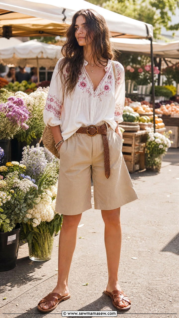 Long Cotton Shorts With Embroidered Peasant Top - 25 Free People boho outfit ideas