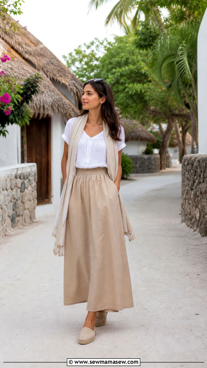 Long Cotton Skirt With Sleeved Blouse and Scarf - 40 What to wear in Maldives