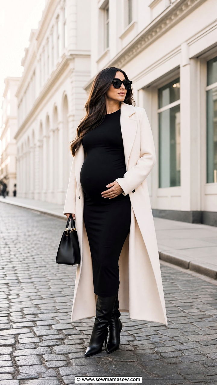 Long Cream Coat Over Black Dress Maternity Photoshoot - 25 Maternity outfit ideas for photoshoot