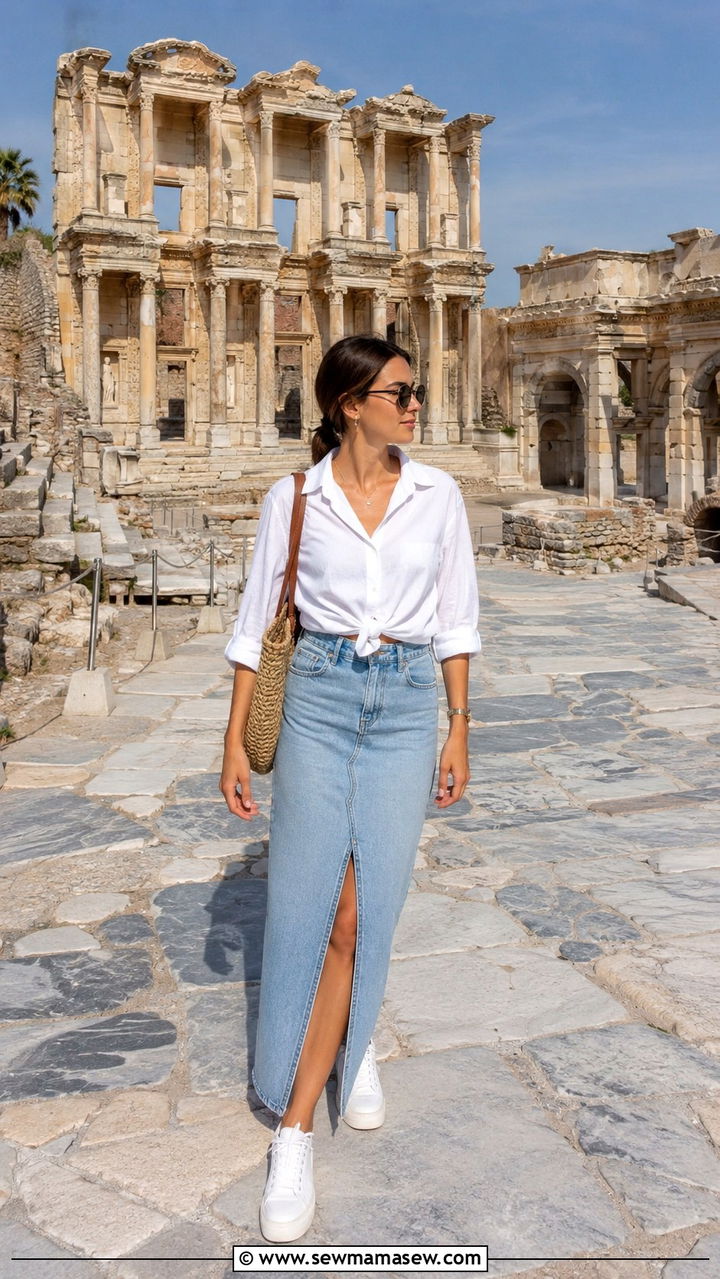 Long Denim Skirt With A Button Down Blouse - 25 Turkey vacation outfit ideas