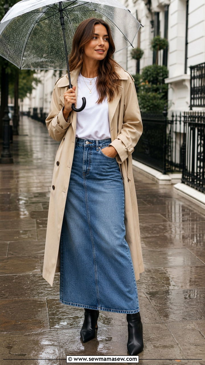 Long Denim Skirt With Ankle Boots And Trench Coat - 30 Denim skirt outfit ideas with boots