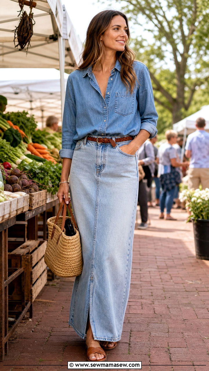 Long Denim Skirt With Chambray Shirt - 40 casual denim skirt outfits