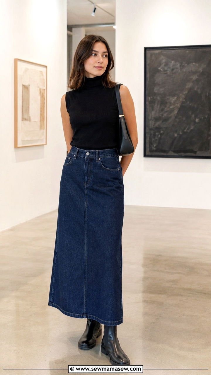 Long Denim Skirt With Chelsea Boots And Sleeveless Turtleneck - 30 Denim skirt outfit ideas with boots