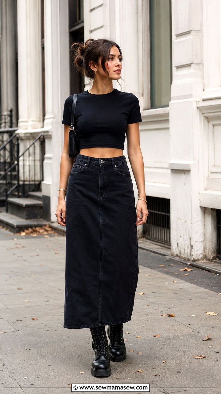 Long Denim Skirt With Combat Boots And Cropped Tee - 30 Denim skirt outfit ideas with boots