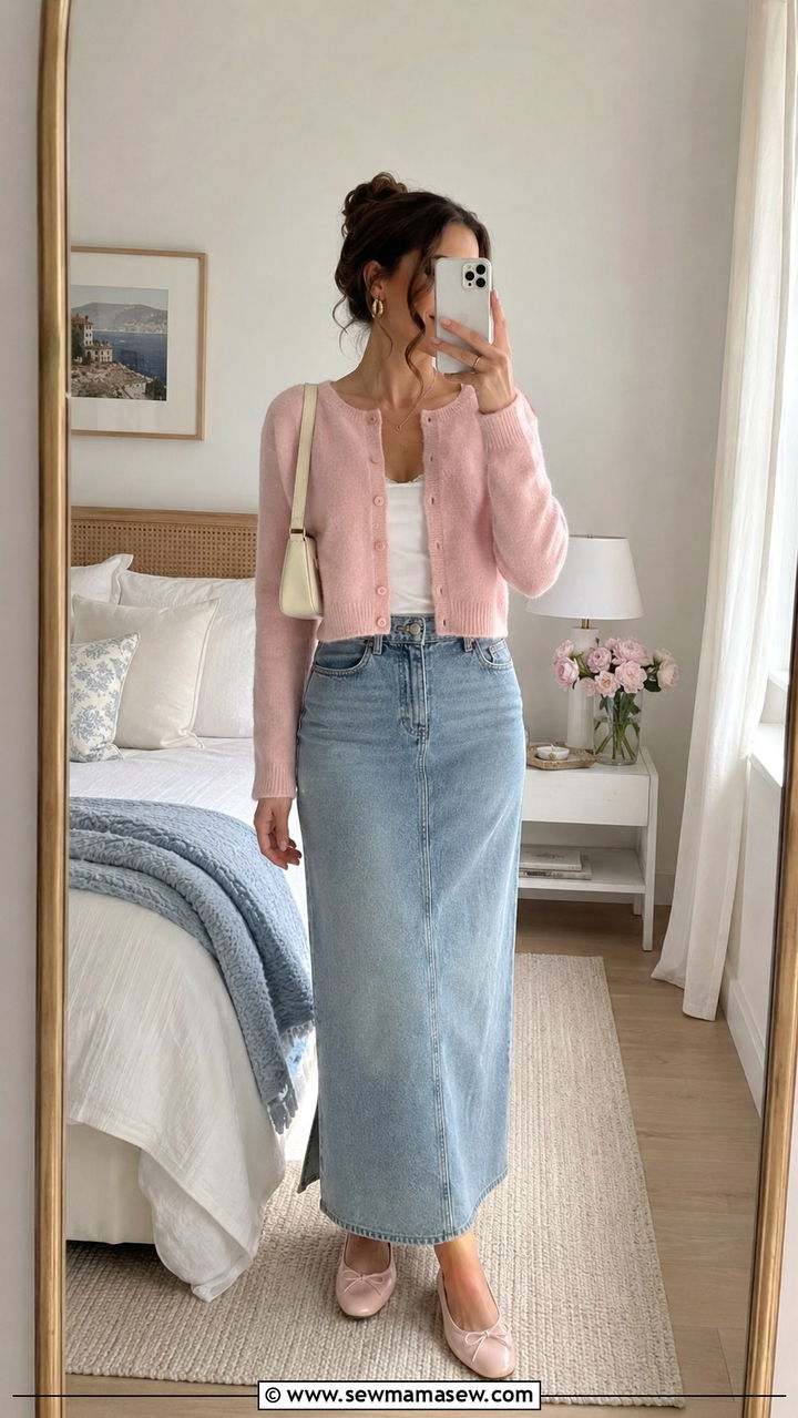 Long Denim Skirt With Cropped Cardigan and Ballet Flats - 20 Long denim skirt outfit ideas 2026