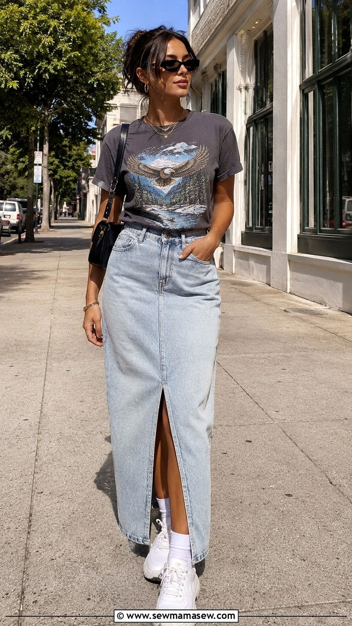 Long Denim Skirt With Graphic Tee and Sneakers - 20 Long denim skirt outfit ideas 2026