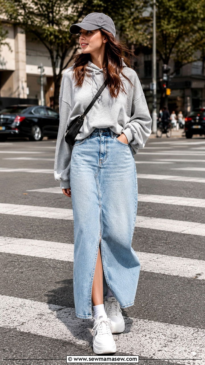 Long Denim Skirt With Hoodie and Platform Sneakers - 20 Long denim skirt outfit ideas 2026