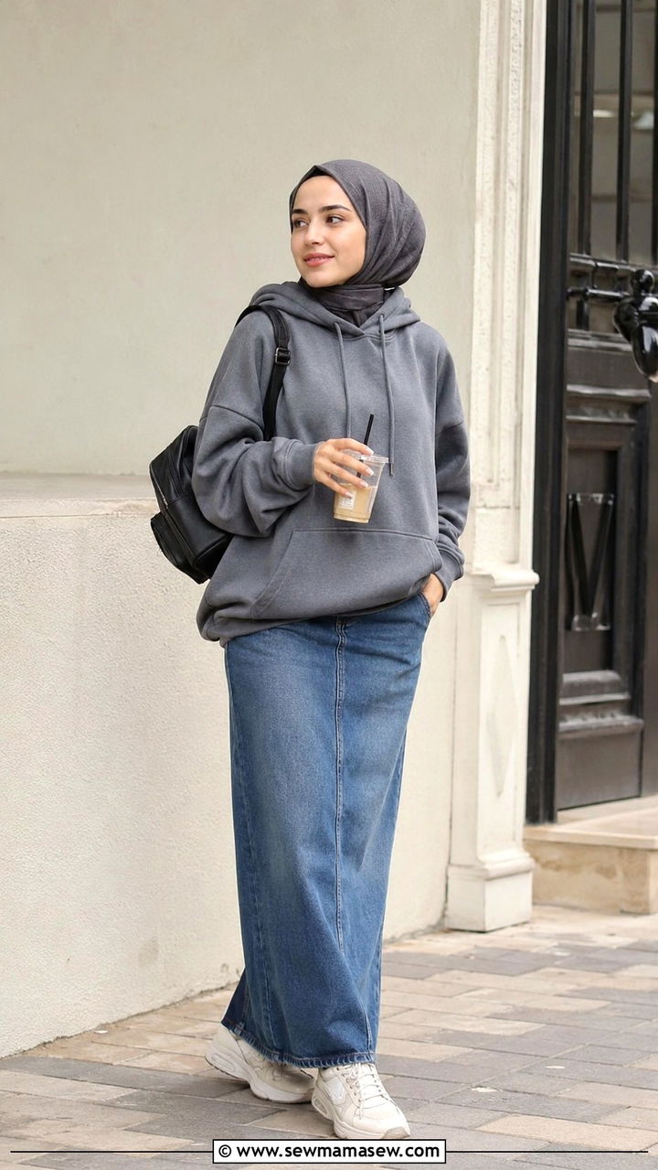 Long Denim Skirt With Hoodie - 30 Modest outfit ideas with long skirt