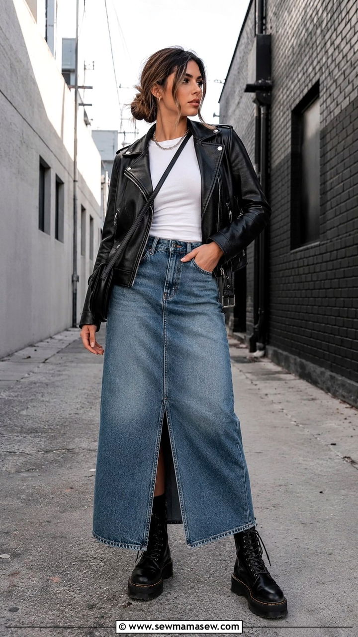 Long Denim Skirt With Leather Jacket and Combat Boots - 20 Long denim skirt outfit ideas 2026