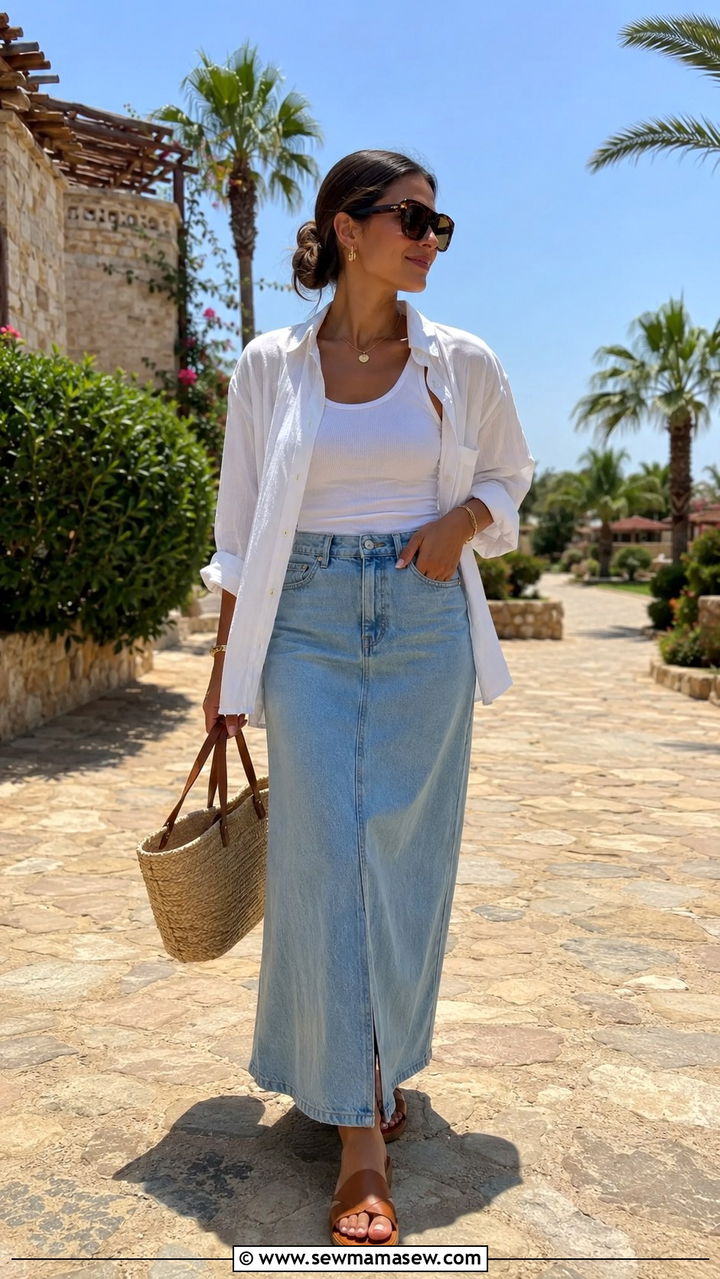 Long Denim Skirt With Linen Shirt and Slides - 20 Long denim skirt outfit ideas 2026