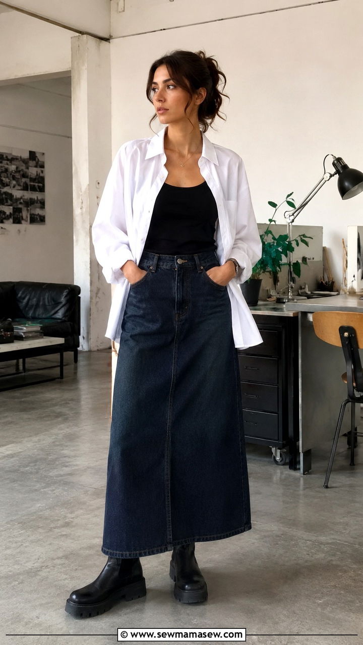 Long Denim Skirt With Lug Sole Boots And Oversized Button Up - 30 Denim skirt outfit ideas with boots
