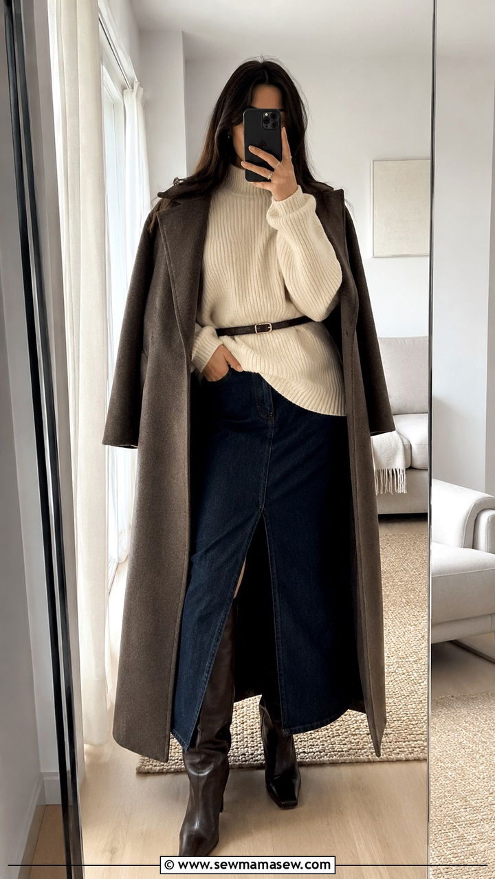 Long Denim Skirt With Oversized Sweater and Boots - 20 Long denim skirt outfit ideas 2026