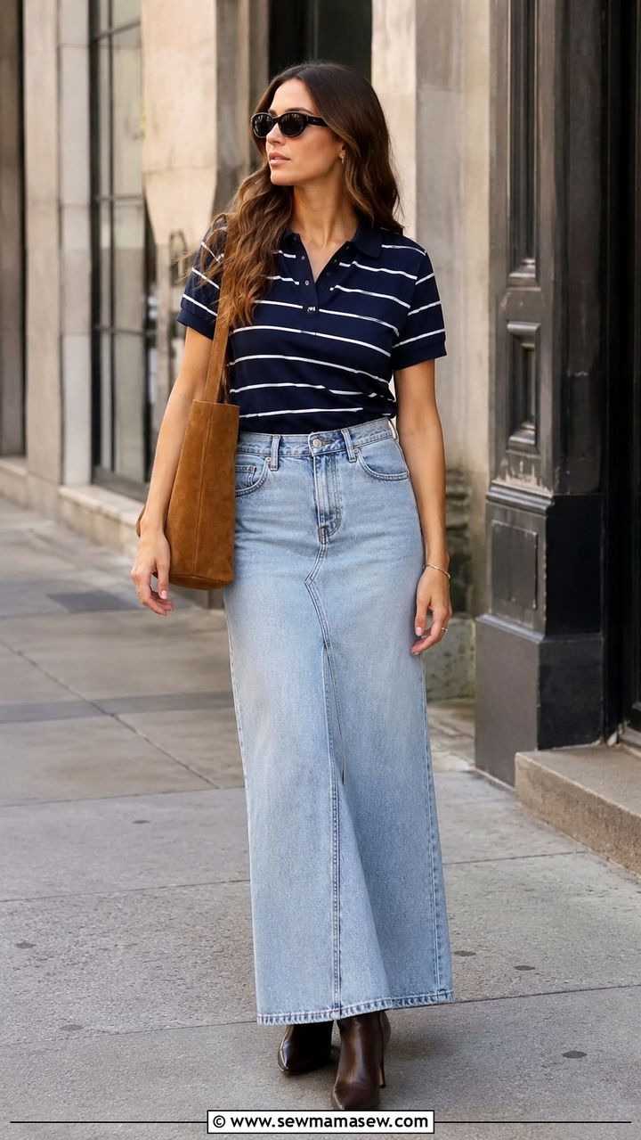 Long Denim Skirt With Striped Polo - 20 Long denim skirt outfit ideas 2026