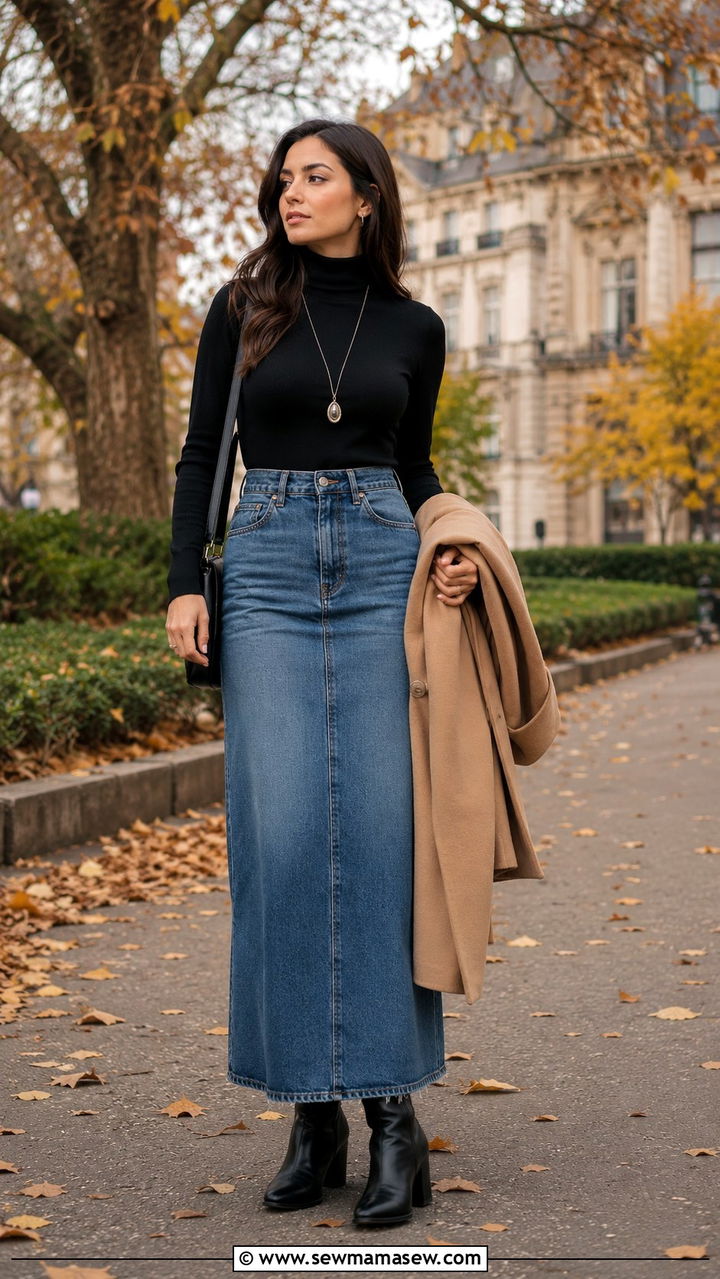 Long Denim Skirt With Turtleneck and Ankle Boots - 20 Long denim skirt outfit ideas 2026