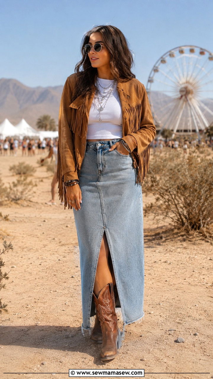 Long Denim Skirt With Western Boots And Fringe Jacket - 30 Denim skirt outfit ideas with boots