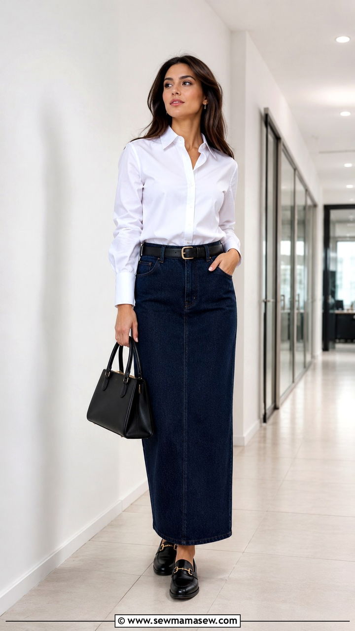 Long Denim Skirt With White Button Down Shirt - 20 Long denim skirt outfit ideas 2026