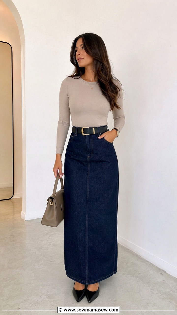 Long Denim Skirt with Bodysuit and Statement Belt - 30 Spring outfits with denim skirts