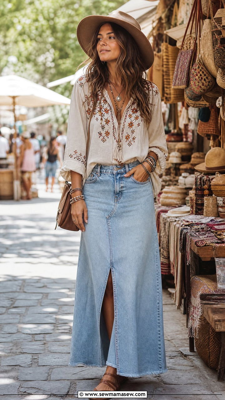 Long Denim Skirt with Boho Blouse and Flat Sandals - 30 Summer outfits with denim skirts