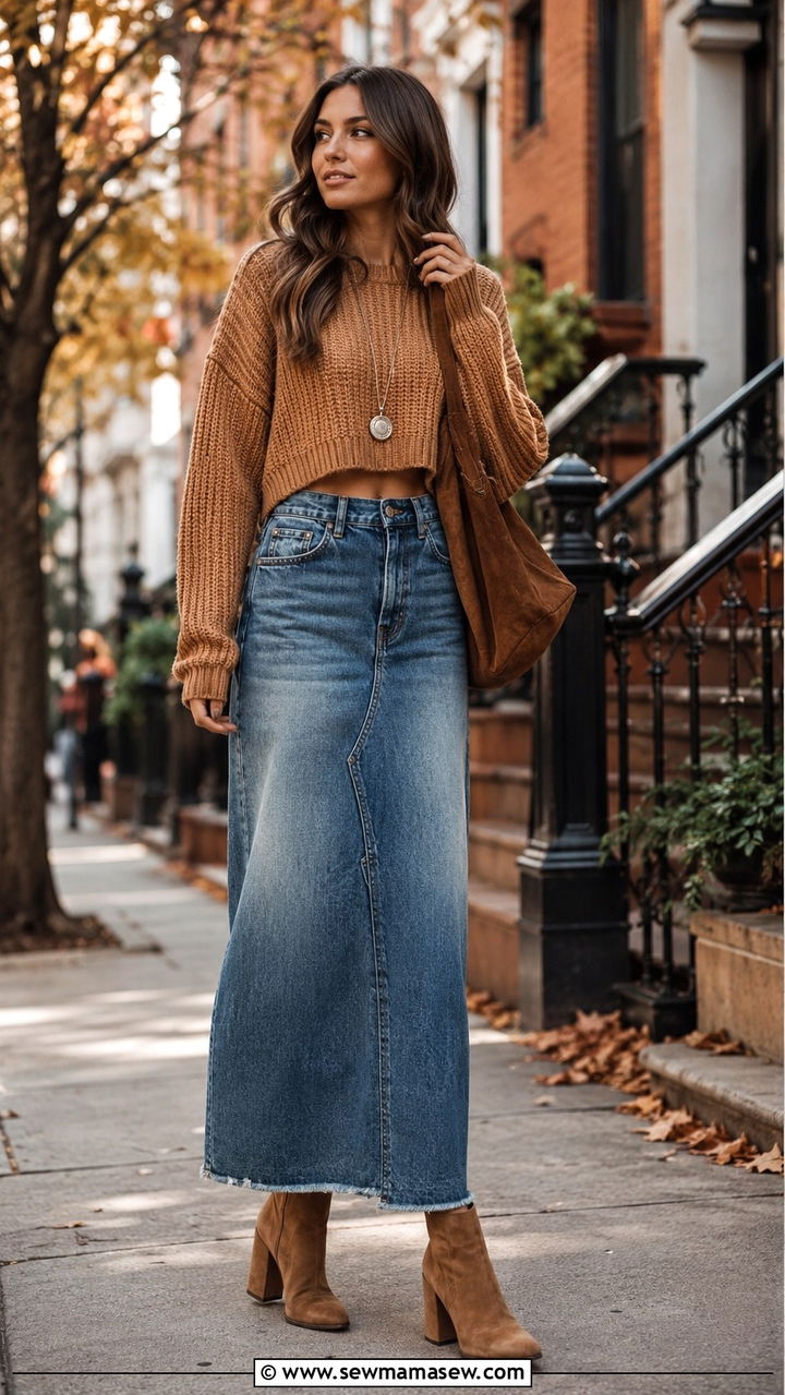 Long Denim Skirt with Cropped Sweater and Heeled Boots - 30 Denim skirt outfit ideas with heels