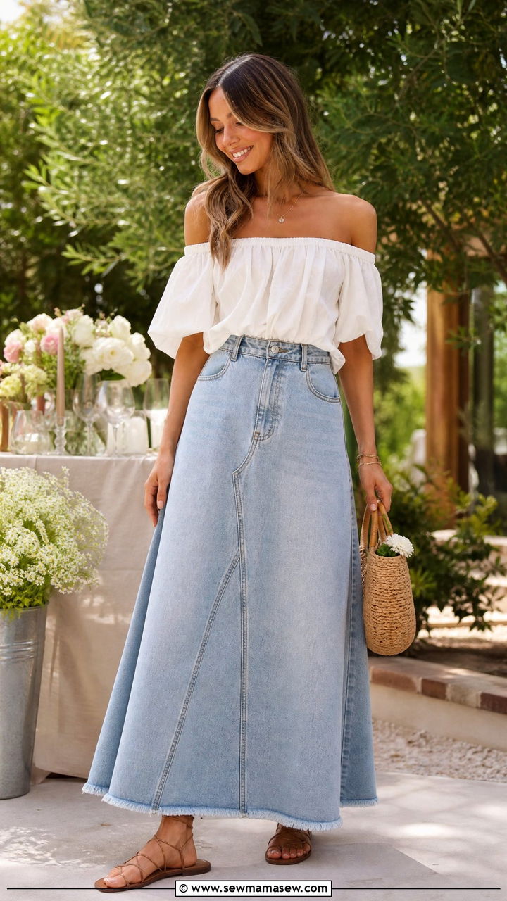 Long Denim Skirt with Off Shoulder Blouse and Strappy Sandals - 30 Summer outfits with denim skirts