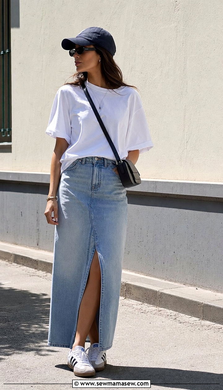 Long Denim Skirt with Oversized Tee and Sambas - 25 denim skirt outfits 2026