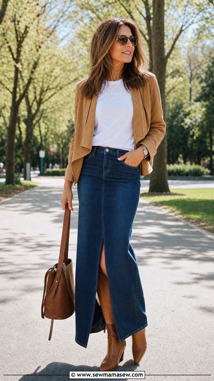 Long Denim Skirt with Suede Jacket Outfit - 25 edgy outfit ideas for women over 40