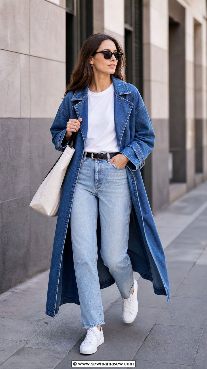 Long Denim Trench with White Tee and Light Wash Jeans - 35 jacket outfits ideas