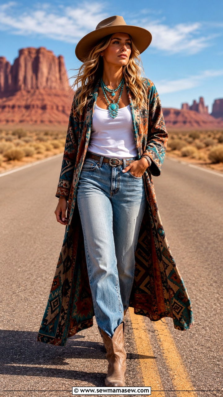 Long Duster Coat with Relaxed Denim - 25 Western outfits 2026
