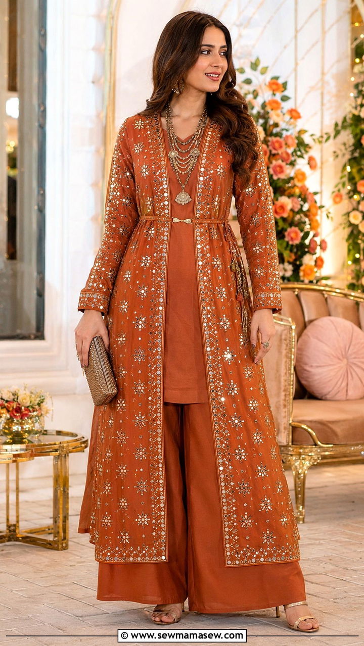 Long Embroidered Jacket with Palazzo Set - 20 Modest outfit ideas for Henna night