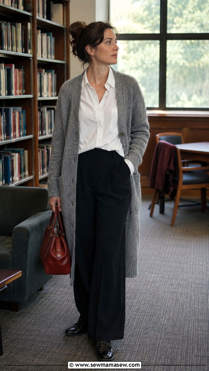 Long Gray Cardigan Layered Over White Shirt and Black Trousers - 20 dark academia outfits to copy