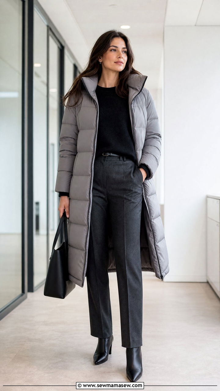 Long Gray Puffer Coat with Charcoal Layers - 30 Long puffer coat outfit ideas