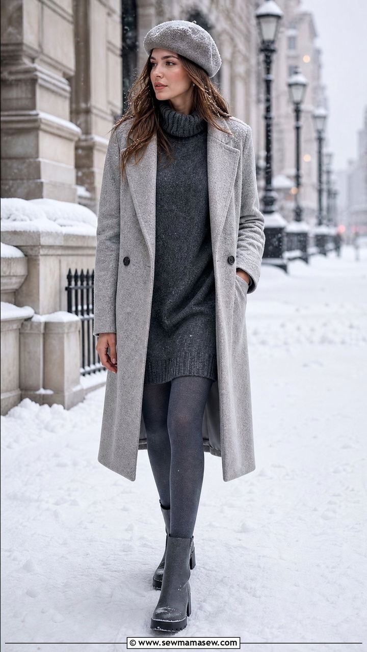 Long Gray Wool Coat With Sweater Dress - 30 Monochromatic gray outfits