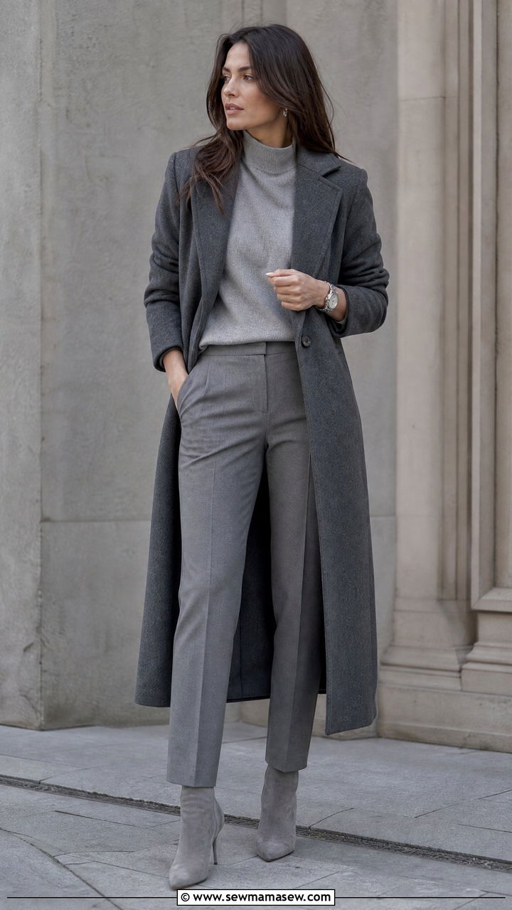 Long Gray Wool Coat with Monochrome All Gray Layers - 35 Long coat outfit ideas