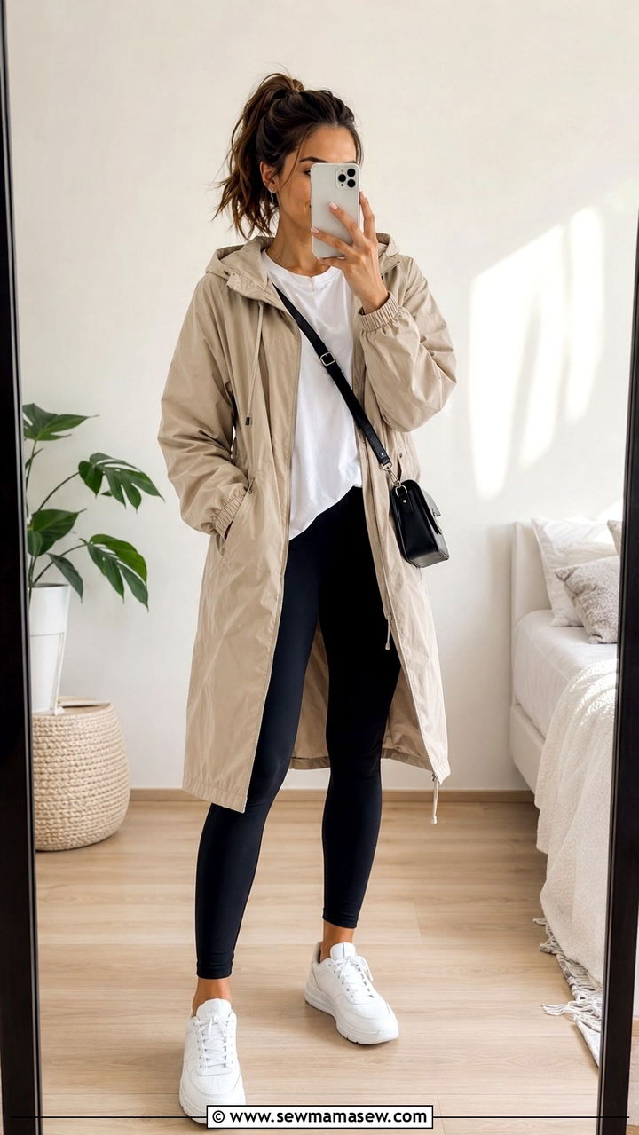 Long Hooded Windbreaker With Leggings And A Crossbody Bag - 30 casual windbreaker outfits