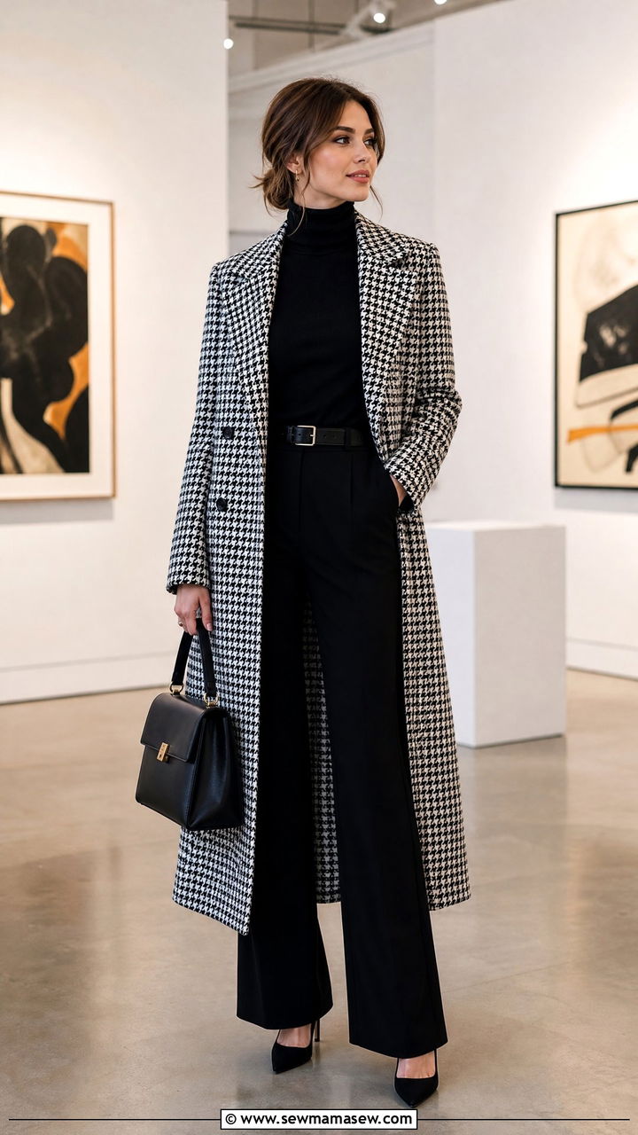 Long Houndstooth Coat with Wide Leg Trousers and Heels - 35 Long coat outfit ideas