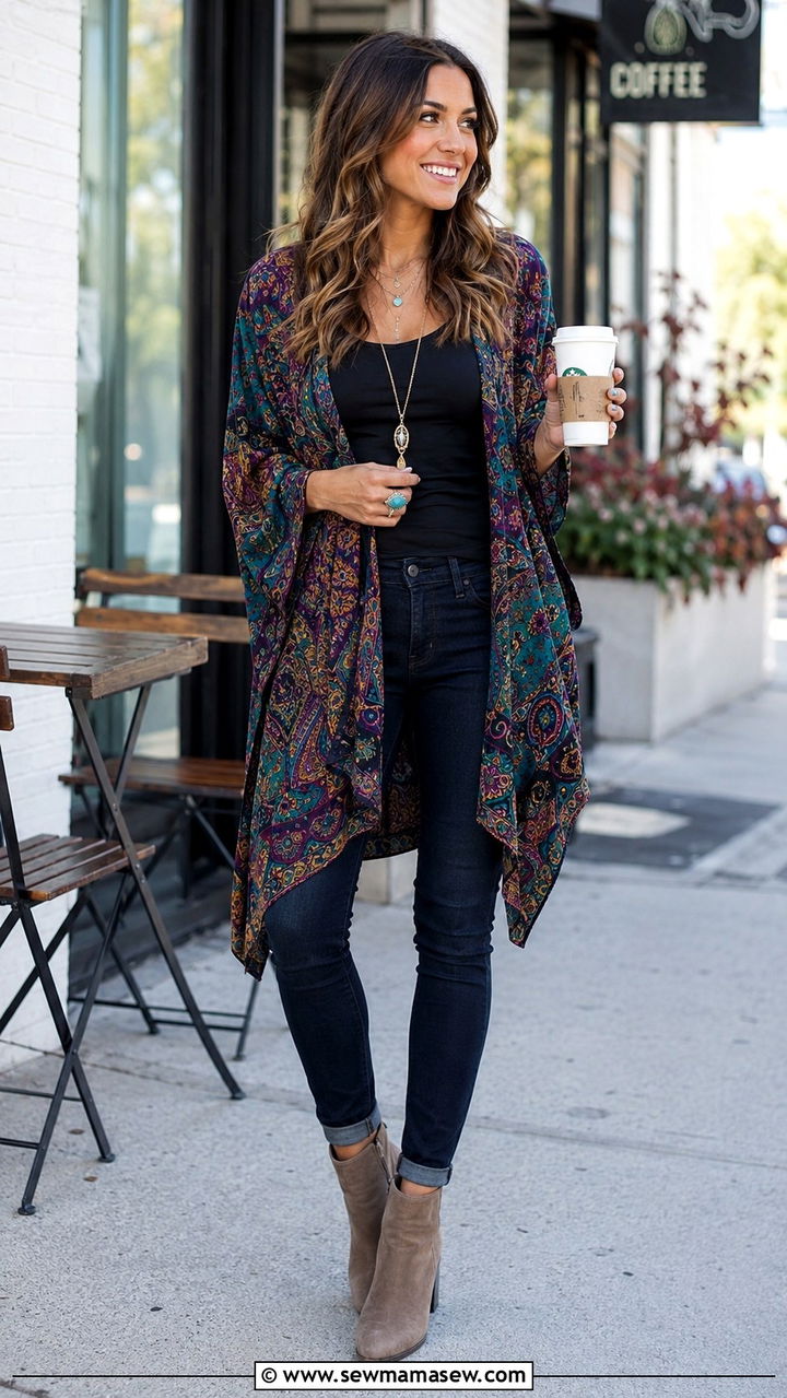Long Kimono Cardigan With Skinny Jeans And Suede Ankle Boots - 25 Boho outfit ideas with suede boots