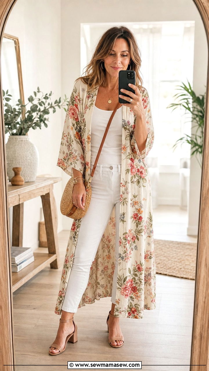 Long Kimono Over Tank Top and White Jeans - 25 Cover up outfit ideas for women over 40