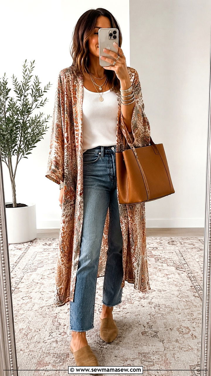 Long Kimono With Tank Top And Straight Leg Jeans - 30 boho capsule wardrobe outfits