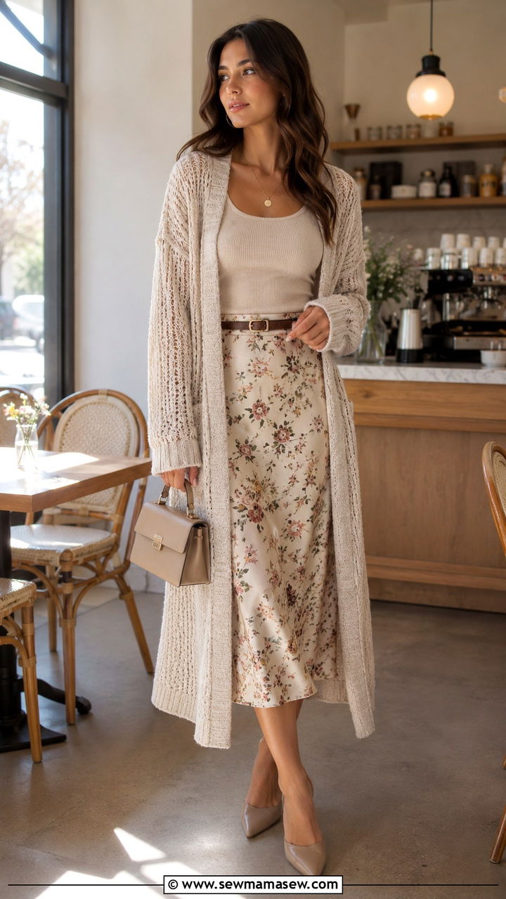 Long Knit Cardigan And Midi Skirt Outfit - 25 boho chic capsule wardrobe outfits