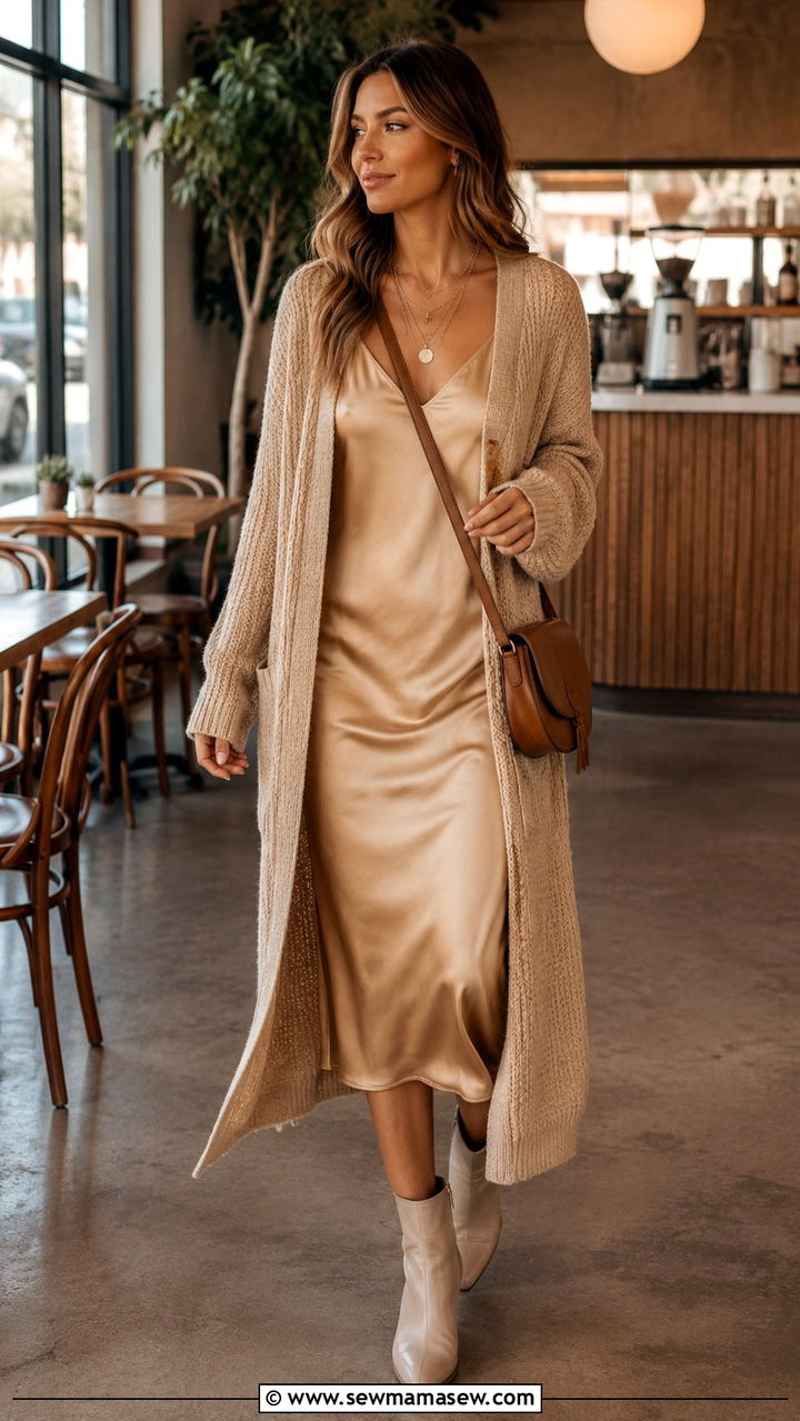 Long Knit Cardigan Layered Over a Slip Dress - 30 Boozy brunch outfit ideas