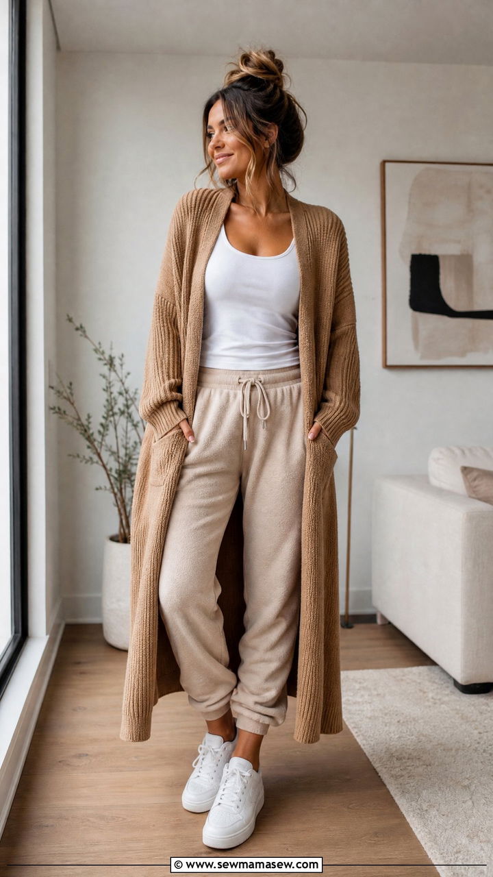 Long Knit Cardigan With White Tank And Plush Joggers - 35 Hygge outfit ideas