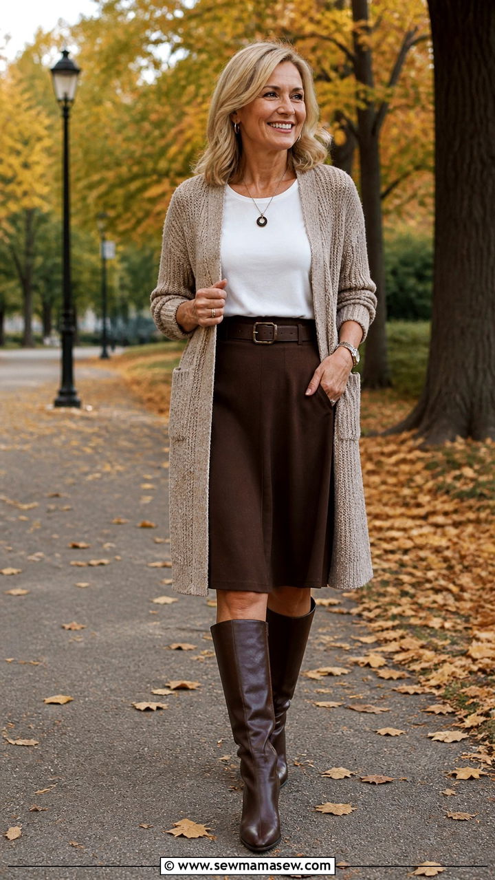 Long Knit Cardigan with A Line Skirt - 20 65 year old woman outfit ideas