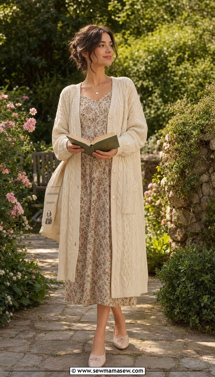 Long Knit Cardigan with Floral Midi Dress and Ballet Flats - 25 classy light academia outfits