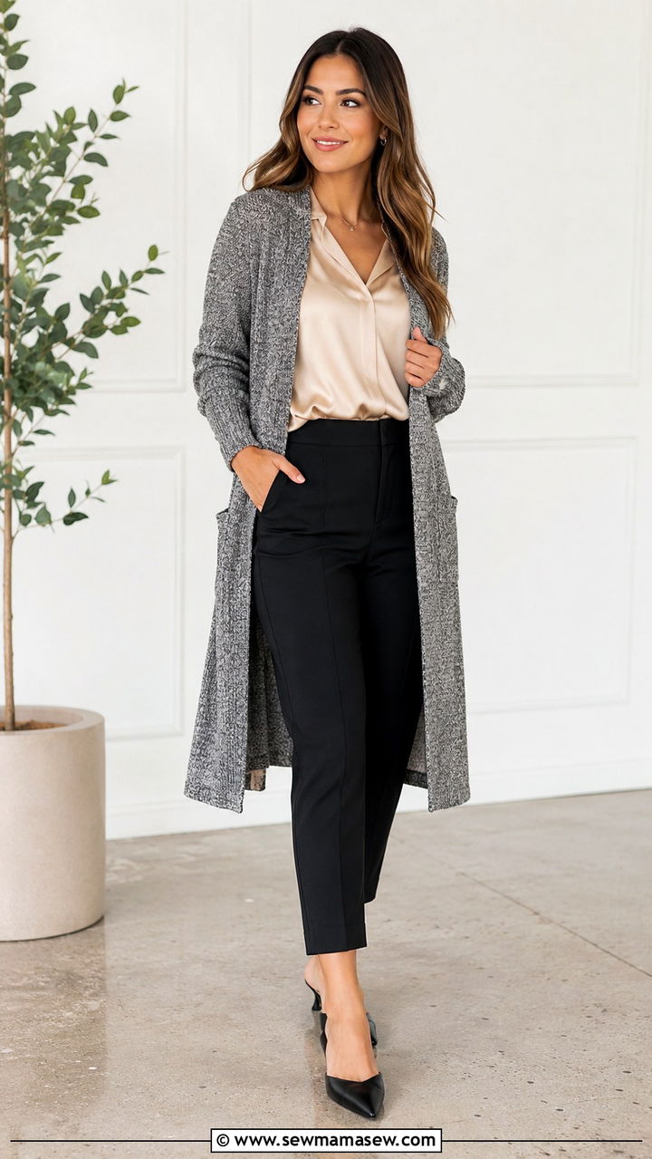 Long Knit Cardigan with Silk Blouse and Cropped Trousers - 25 work outfits for pear shaped body