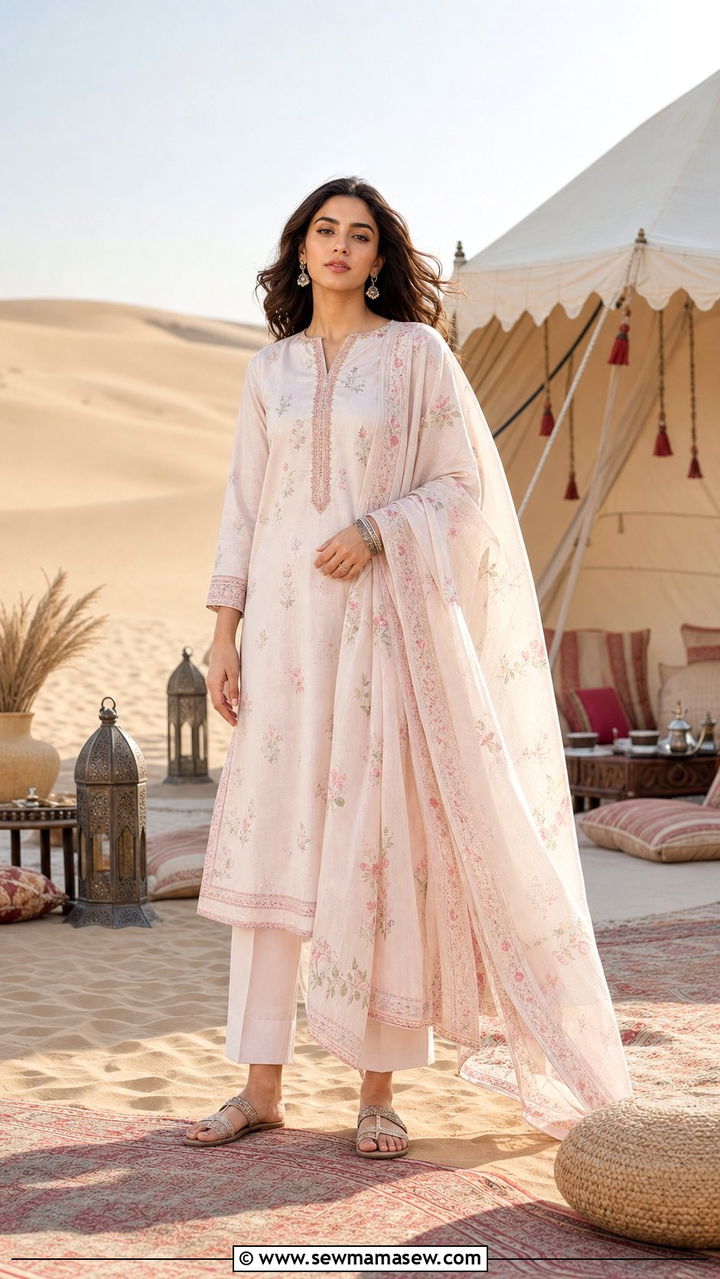 Long Kurti With Straight Leg Trousers And Dupatta Scarf - 25 Summer desert outfits