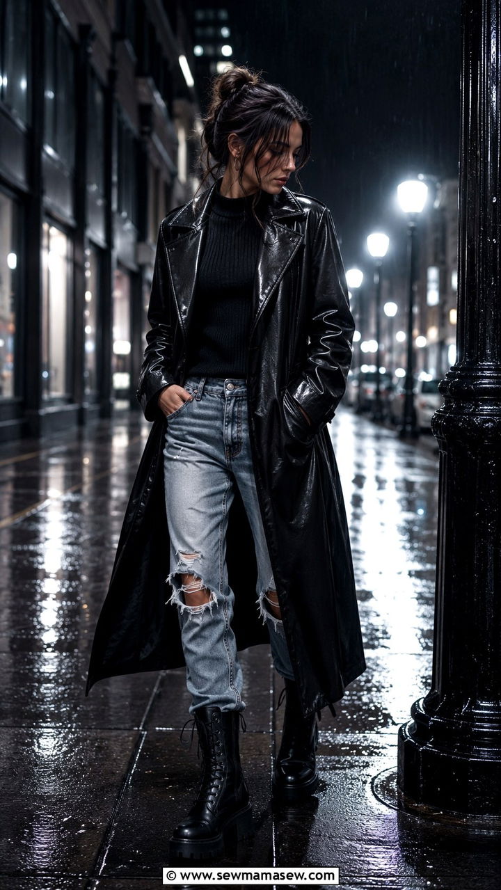 Long Leather Coat with Ripped Jeans and Chunky Lace Up Boots - 20 rainy day outfits 2026