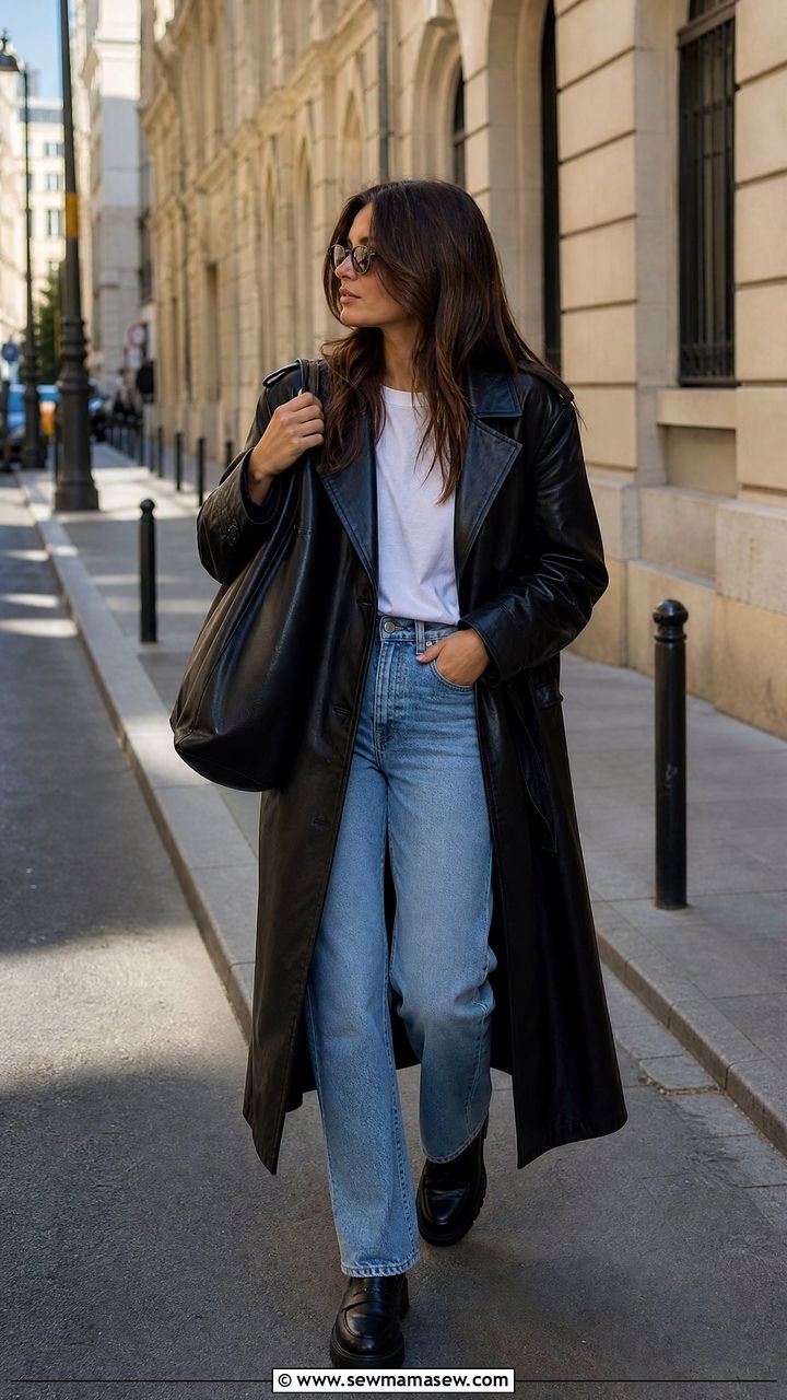 Long Leather Coat with White Tee and Straight Leg Jeans - 35 Long coat outfit ideas