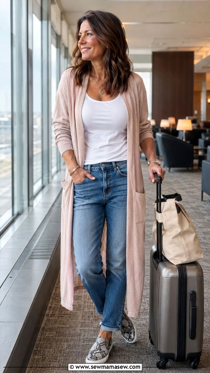 Long Lightweight Duster Cardigan Over Tank and Straight Leg Jeans - 30 Capsule wardrobe women over 40