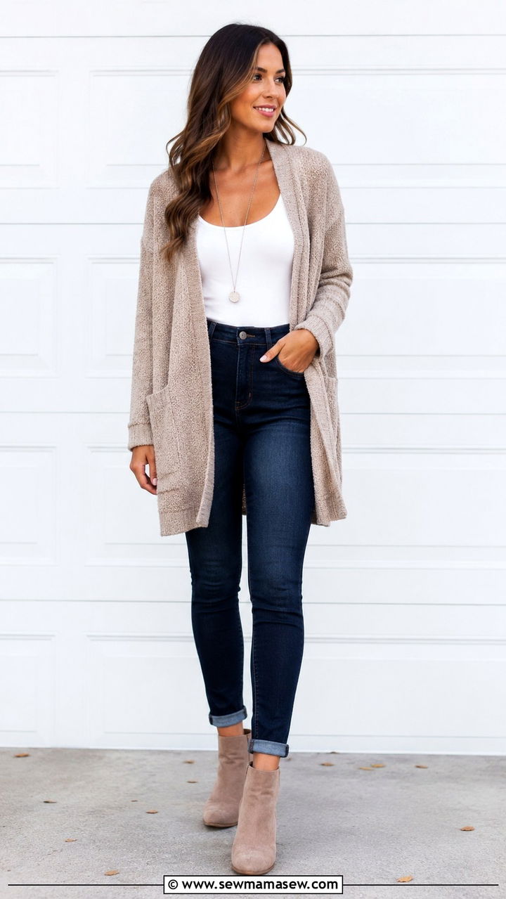 Long Line Cardigan with Skinny Jeans and Ankle Boots - 30 Oversized sweater with jeans outfit ideas